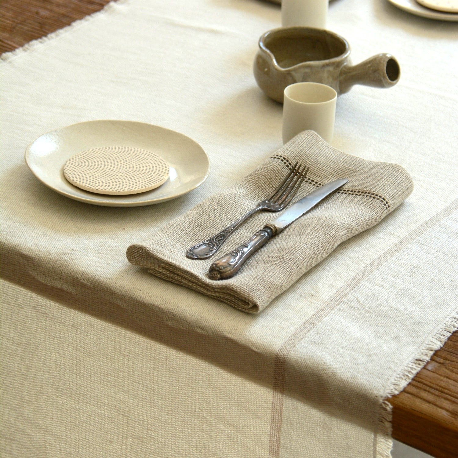 Linen table runner Ieva in white with silver stripe 65x160 cm